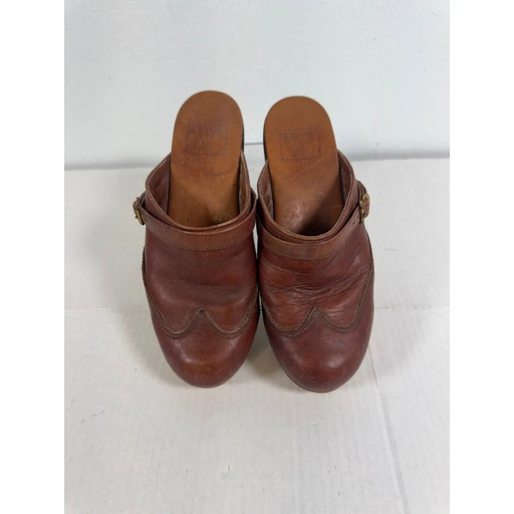 Frye Leather Wooden Platform Clogs Women 6 B Cognac Brown Wingtip Mules Retro - Picture 3 of 9
